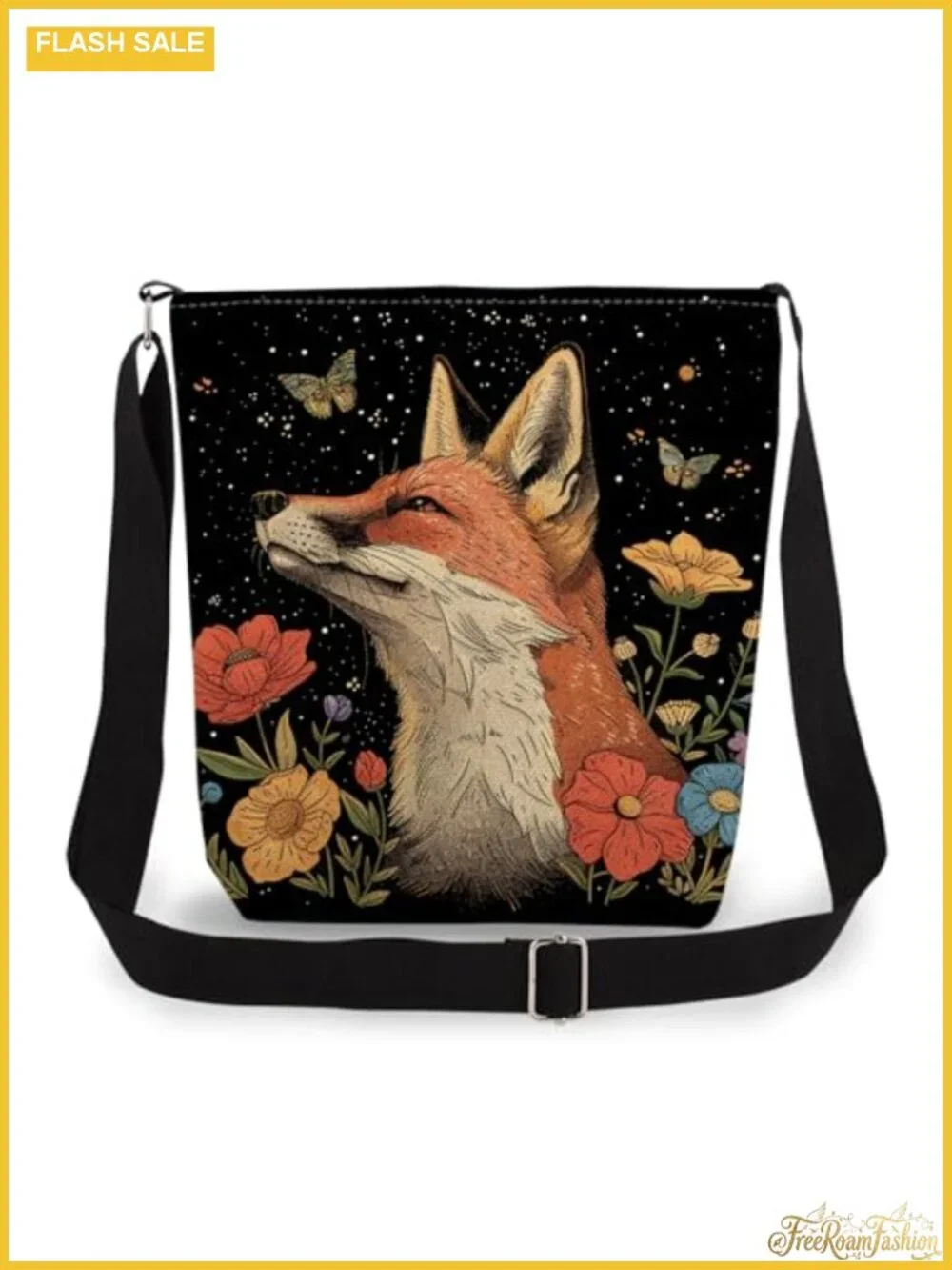 Floral Fox Crossbody Bag Messenger Purse Canvas Polyester Adjustable Strap